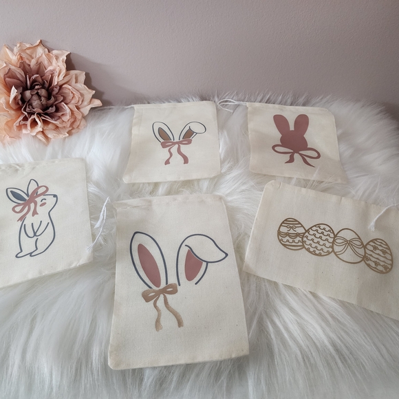 Easter Bunny and Egg Cotton Bags - Cream Pink Rose Gold Easter Basket Bag - Picture 2 of 9